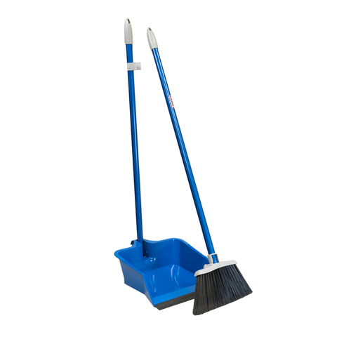 QUICKIE 1001483 Dustpan and Brush Set Plastic Stand-Up Long Handled Blue