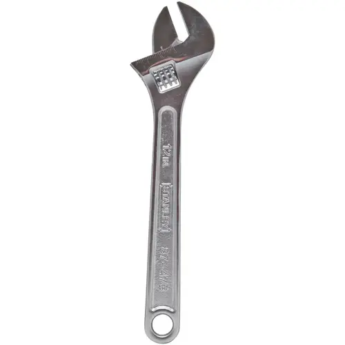 Adjustable Wrench, 12 in OAL, 1-3/8 in Jaw, Steel, Chrome, Plain-Grip Handle