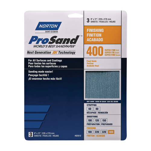 ProSand 07660768156 Sanding Sheet, 11 in L, 9 in W, Super Fine, 400 Grit, Aluminum Oxide Abrasive Tan - pack of 3