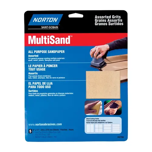 MultiSand 076607 Sanding Sheet, 11 in L, 9 in W, Aluminum Oxide Abrasive, Paper Backing - pack of 5