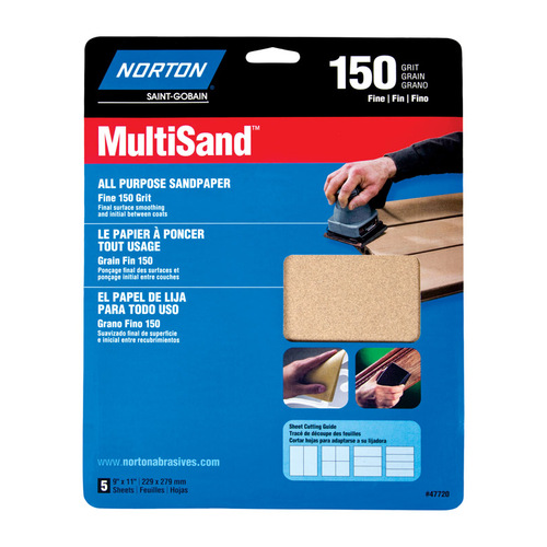 MultiSand 076607 Sanding Sheet, 11 in L, 9 in W, Fine, 150 Grit, Aluminum Oxide Abrasive - pack of 5