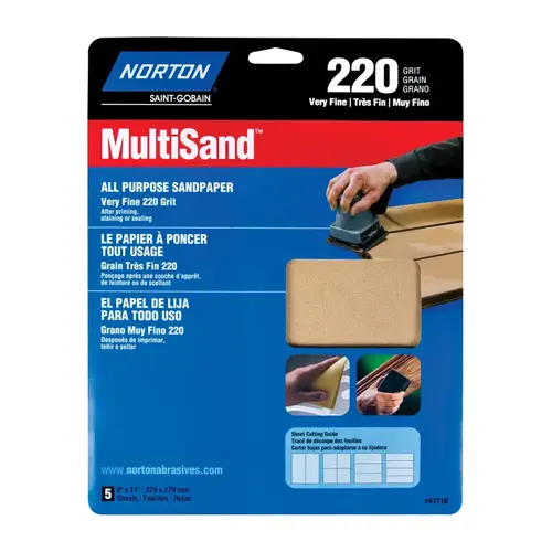 MultiSand 076607 Sanding Sheet, 11 in L, 9 in W, Very Fine, 220 Grit, Aluminum Oxide Abrasive - pack of 5