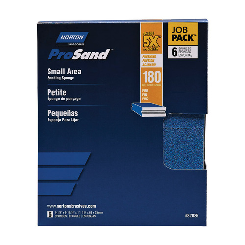 ProSand Sanding Sponge, 4-1/2 in L, 2-11/16 in W, 180 Grit, Fine, Aluminum Oxide Abrasive Blue - pack of 6