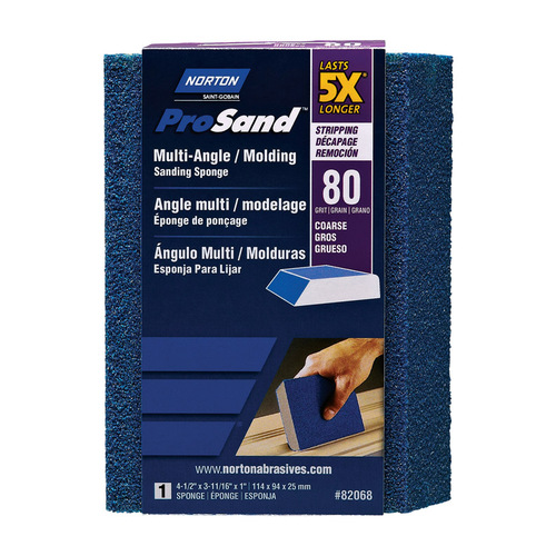 Norton 07660782068 ProSand Sanding Sponge, 4-1/2 in L, 3-11/16 in W, 80 Grit, Coarse, Aluminum Oxide Abrasive Blue