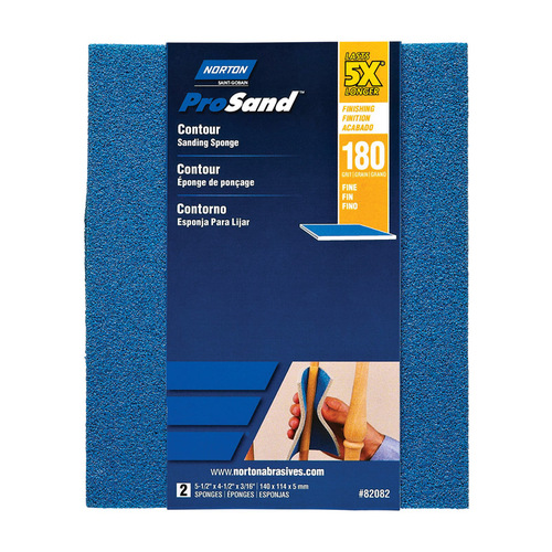 ProSand Sanding Sponge, 5-1/2 in L, 4-1/2 in W, 180 Grit, Fine, Aluminum Oxide Abrasive Pair Blue