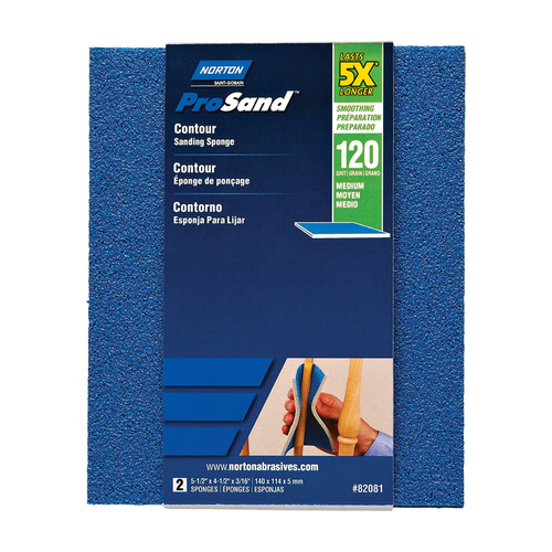 Norton 07660782081 Sanding Sponge ProSand 5.5" L X 4.5" W X 0.188" T 120 Grit Medium Contour Blue