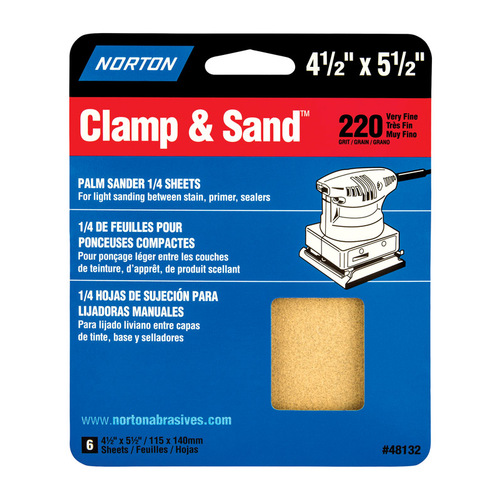 Norton 1936665 1/4 Sheet Sandpaper Clamp & Sand 5-1/2" L X 4-1/2" W 220 Grit Aluminum Oxide