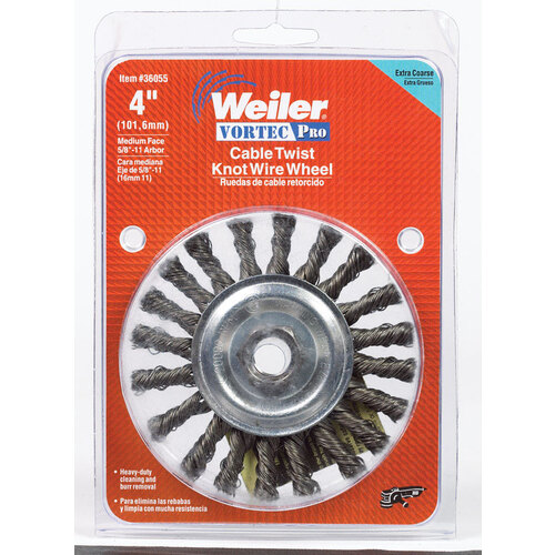 Weiler 36055 Wire Wheel Brush, 4 in Dia, 5/8-11 Arbor/Shank, Steel Bristle