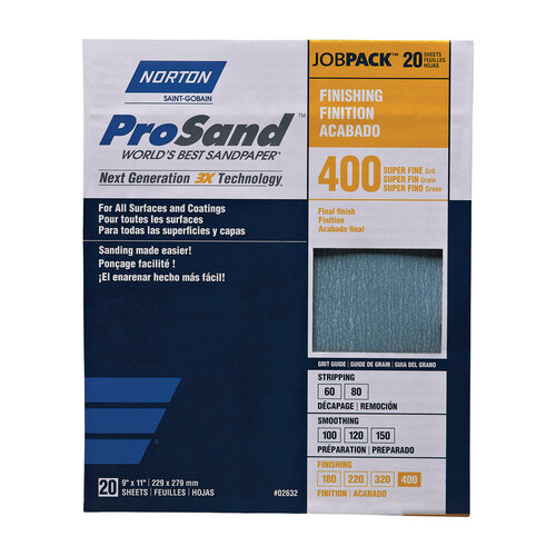 Norton 07660768165 ProSand 07660768165 Sanding Sheet, 11 in L, 9 in W, Super Fine, 400 Grit, Aluminum Oxide Abrasive - pack of 20