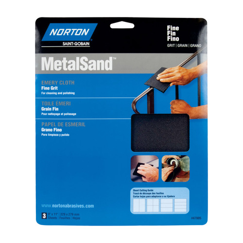 Norton 07660747805 MetalSand 076607 Sanding Sheet, 11 in L, 9 in W, Fine, Emery Abrasive, Cloth Backing - pack of 3