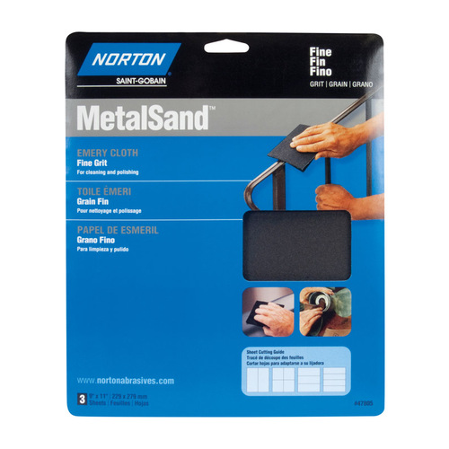 MetalSand 076607 Sanding Sheet, 11 in L, 9 in W, Coarse, 80 Grit, Emery Abrasive, Cloth Backing - pack of 3