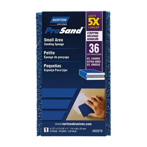 ProSand Sanding Sponge, 4-1/2 in L, 2-11/16 in W, 36 Grit, Extra Coarse, Aluminum Oxide Abrasive Blue