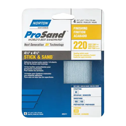 ProSand 076607 Sanding Sheet, 4-1/2 in L, 4-1/2 in W, Very Fine, 220 Grit, Aluminum Oxide Abrasive