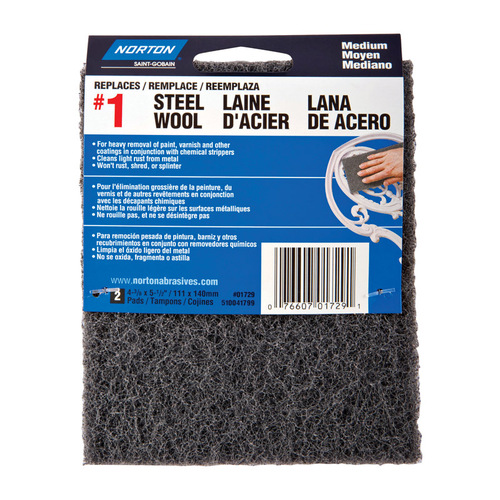 Steel Wool, 4-3/8 in L, 5-1/2 in W, #1 Grit, Medium, Charcoal - pack of 2