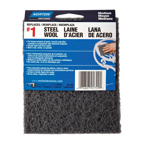 Steel Wool, 4-3/8 in L, 5-1/2 in W, #1 Grit, Medium, Charcoal Pair