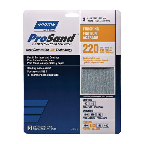 ProSand 07660768158 Sanding Sheet, 11 in L, 9 in W, Very Fine, 220 Grit, Aluminum Oxide Abrasive Tan - pack of 3