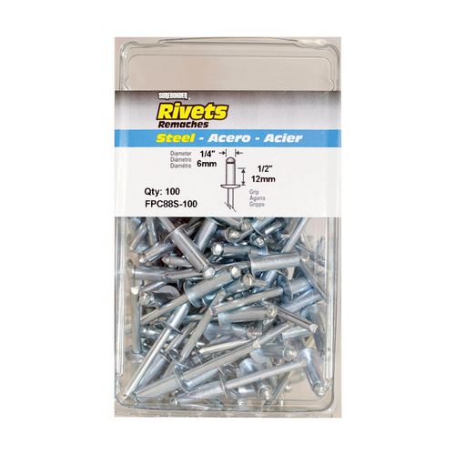 Rivets 1/4" D X 1/2" Steel Silver Silver