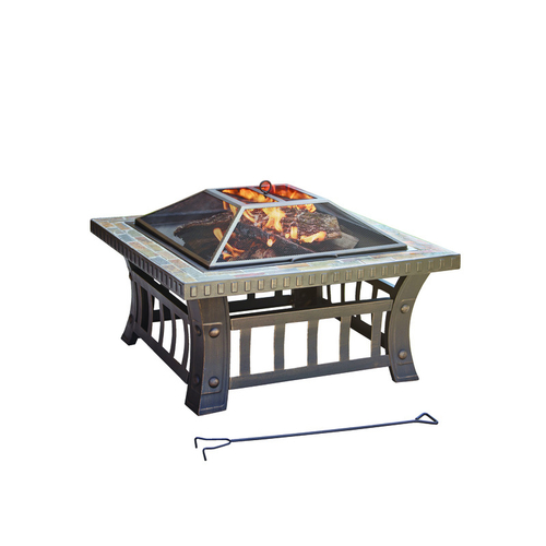 Fire Pit 30" W Steel American Flag Square Wood