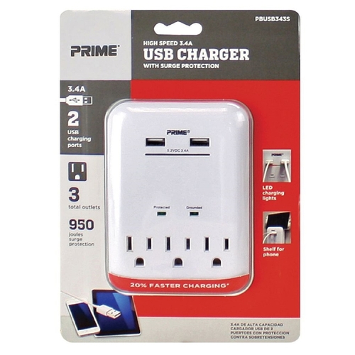 Prime PBUSB343S Surge Protector with USB Port 3 outlets White 950 J White