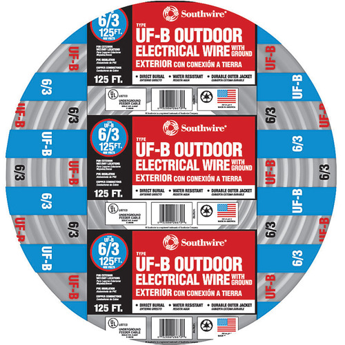 Southwire 14782702 Cable 125 ft. 6/3 Stranded Type UF-B WG Underground Feeder Gray