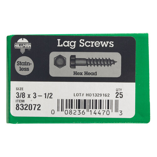 Lag Screw 3/8" X 3-1/2" L Hex Stainless Steel