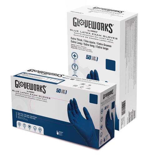 Gloveworks GPLHD84100 Disposable Exam Gloves Latex Medium Blue Powder Free Chlorinated