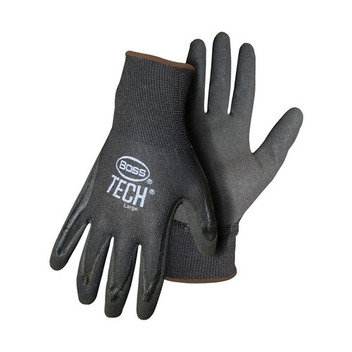 TECH Gloves, L, Knit Wrist Cuff, Foam-Nitrile Coating, Nylon Glove, Black