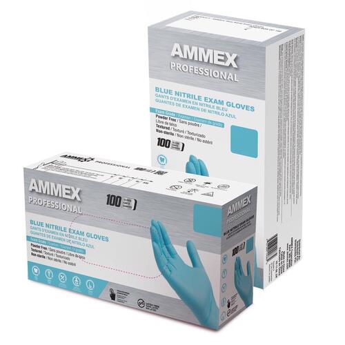 Ammex APFN46100 Disposable Exam Gloves Professional Nitrile Large Blue Powder Free Polymer Coated
