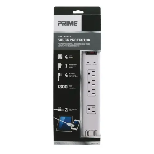 Prime PB505104 Surge Protector with USB Port 1200 J 4 ft. L 4 outlets White