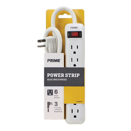 Prime PB801124 Power Strip 3 ft. L 6 outlets White White