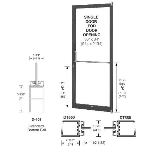 CRL-U.S. Aluminum 1DC21222L036 Bronze Black Anodized 250 Series Narrow Stile (RHR) HRSO Single 3'0 x 7'0 Offset Hung with Pivots for Surf Mount Closer Complete Door for 1" Glass with Standard MS Lock and Bottom Rail