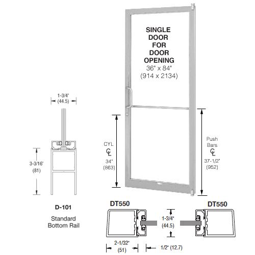 CRL-U.S. Aluminum 1DC21211L036 Clear Anodized 250 Series Narrow Stile (RHR) HRSO Single 3'0 x 7'0 Offset Hung with Pivots for Surf Mount Closer Complete Door for 1" Glass with Standard MS Lock and Bottom Rail