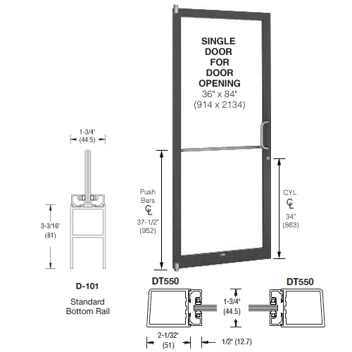 Bronze Black Anodized 250 Series Narrow Stile (LHR) HLSO Single 3'0 x 7'0 Offset Hung with Pivots for Surf Mount Closer Complete Door Std. MS Lock & Bottom Rail