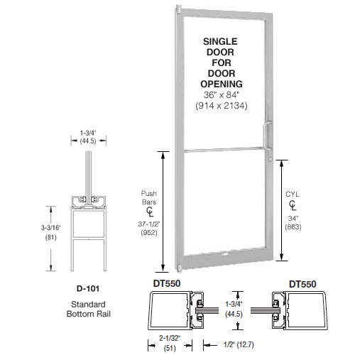 CRL-U.S. Aluminum 1DC21211R036 Clear Anodized 250 Series Narrow Stile (LHR) HLSO Single 3'0 x 7'0 Offset Hung with Pivots for Surf Mount Closer Complete Door for 1" Glass with Standard MS Lock and Bottom Rail