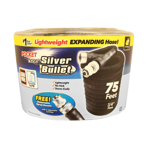 Pocket Hose 13489-6 Lightweight Garden Hose Silver Bullet 3/4" D X 75 ft. L Light Duty Expandable Black Black