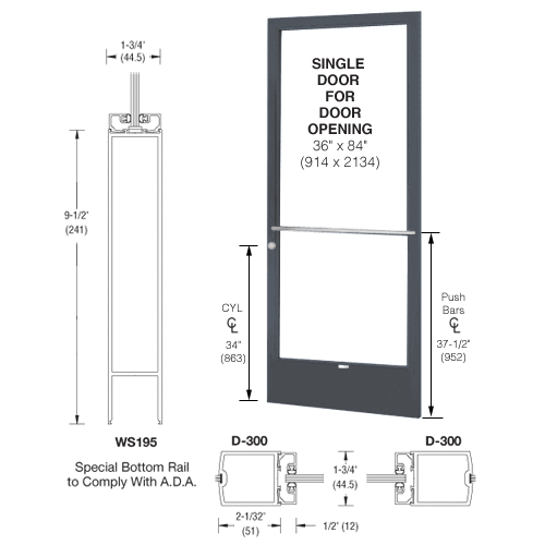 Bronze Black Anodized 250 Series Narrow Stile (RHR) HRSO Single 3'0 x 7'0 Center Hung for OHCC with Standard Push Bars Complete Door Std. Lock and 9-1/2" Bottom Rail
