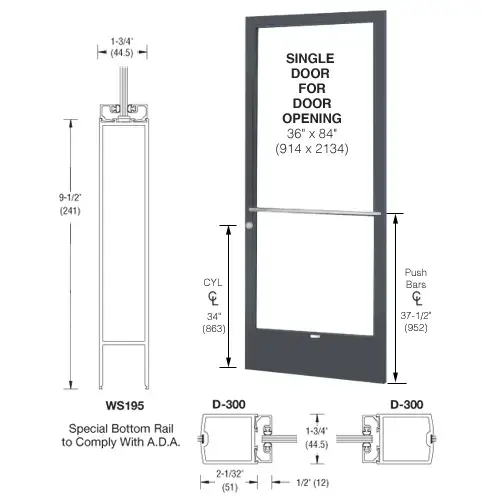 CRL-U.S. Aluminum CD21722L036 Bronze Black Anodized 250 Series Narrow Stile (RHR) HRSO Single 3'0 x 7'0 Center Hung for OHCC w/Standard Push Bars Complete ADA Door(s) with Lock Indicator, Cyl Guard