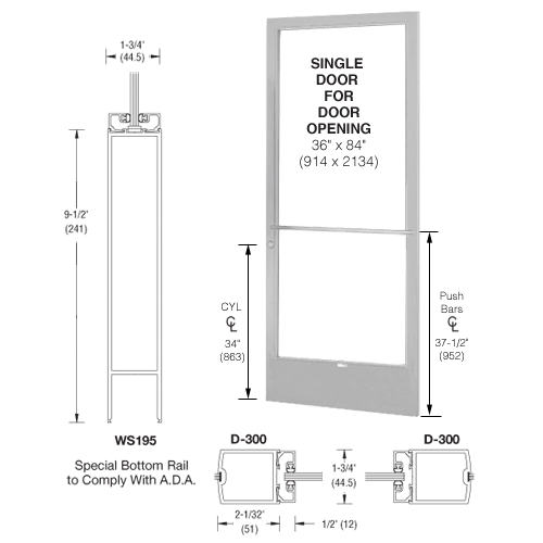 CRL-U.S. Aluminum CD21711L036 Clear Anodized 250 Series Narrow Stile (RHR) HRSO Single 3'0 x 7'0 Center Hung for OHCC w/Standard Push Bars Complete ADA Door(s) with Lock Indicator, Cylinder Guard