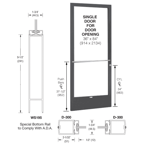 Bronze Black Anodized 250 Series Narrow Stile (LHR) HLSO Single 3'0 x 7'0 Center Hung for OHCC w/Standard Push Bars Complete ADA Door(s) with Lock Indicator, Cyl Guard