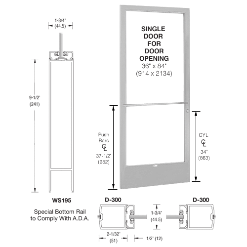 Clear Anodized 250 Series Narrow Stile (LHR) HLSO Single 3'0 x 7'0 Center Hung for OHCC w/Standard Push Bars Complete Door Std. Lock and 9-1/2" Bottom Rail
