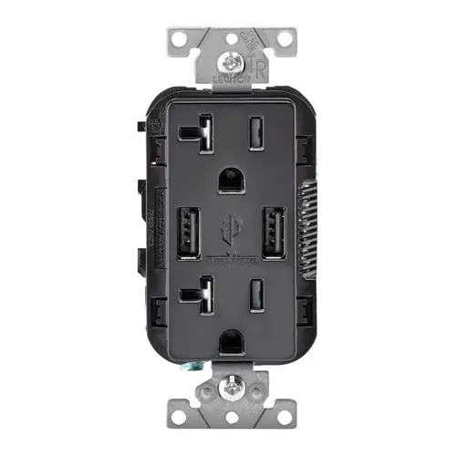 Outlet and USB Charger Decora 20 amps 125 V Black 5-20R Black