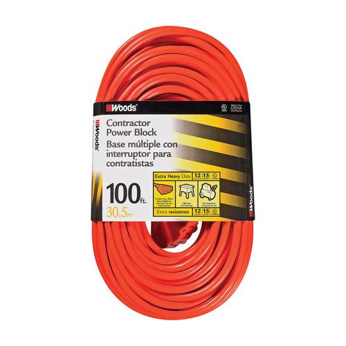 Extension Cord, 12 AWG Cable, 100 ft L, 15 A, 125 V, Orange