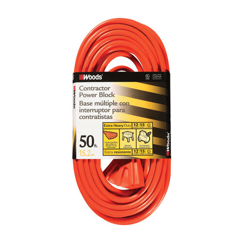 Extension Cord, 12 AWG Cable, 50 ft L, 15 A, 125 V, Orange