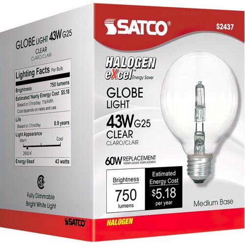 Satco S2437 Halogen Bulb 43 W G25 Globe 750 lm Warm White Clear