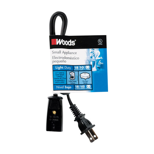 Extension Cord, 2 ft L, 10 A, 125 V, Black