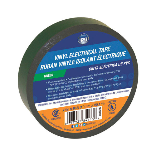 Electrical Tape .75" W X 60 ft. L Green Vinyl Green