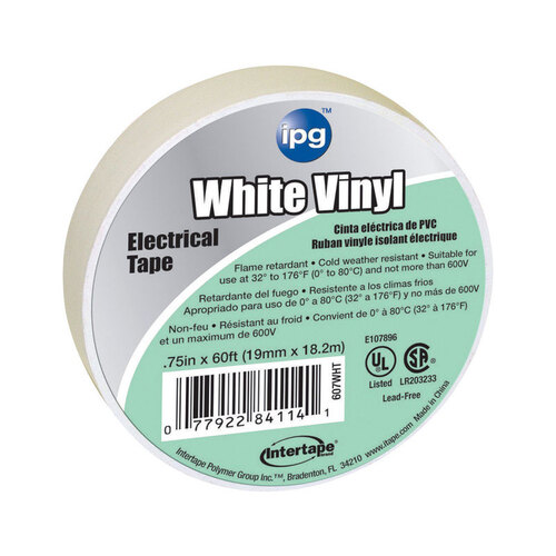 IPG 607WHT Electrical Tape, 60 ft L, 3/4 in W, PVC Backing, White