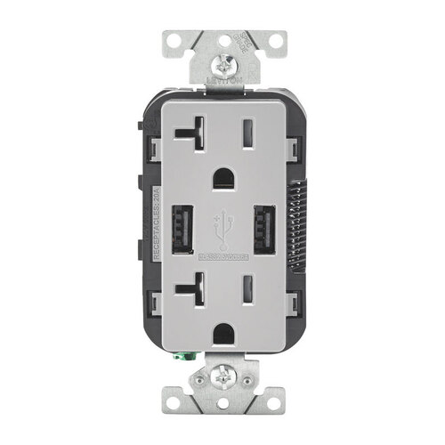 Outlet and USB Charger Decora 20 amps 125 V Gray 5-20R Gray