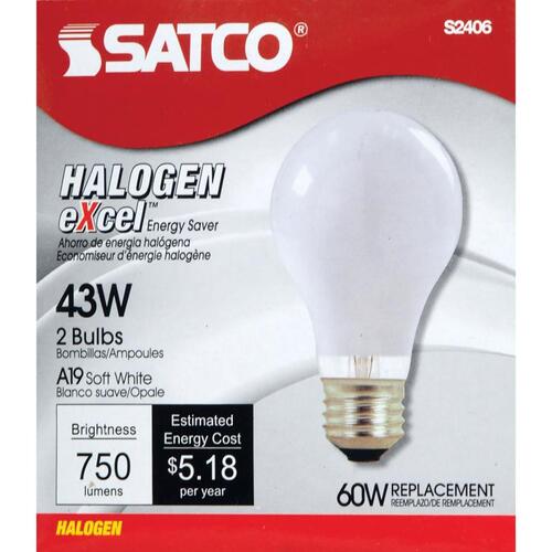 Satco S2406-XCP12 Halogen Bulb 43 W A19 A-Line 750 lm Soft White Frosted - pack of 12 Pairs