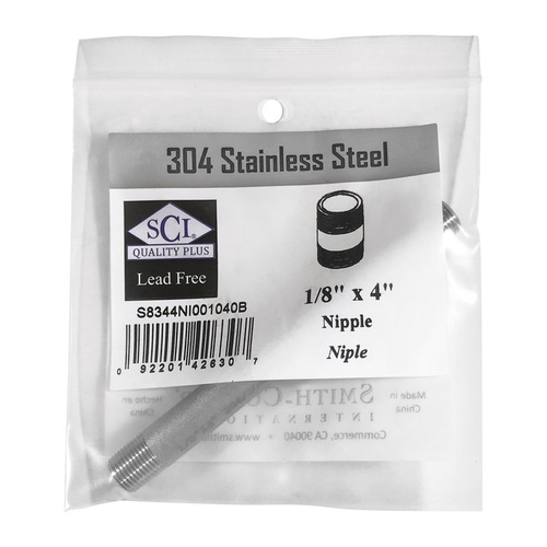 Smith-Cooper 4632100050 Nipple 1/8" MPT T Stainless Steel 4" L